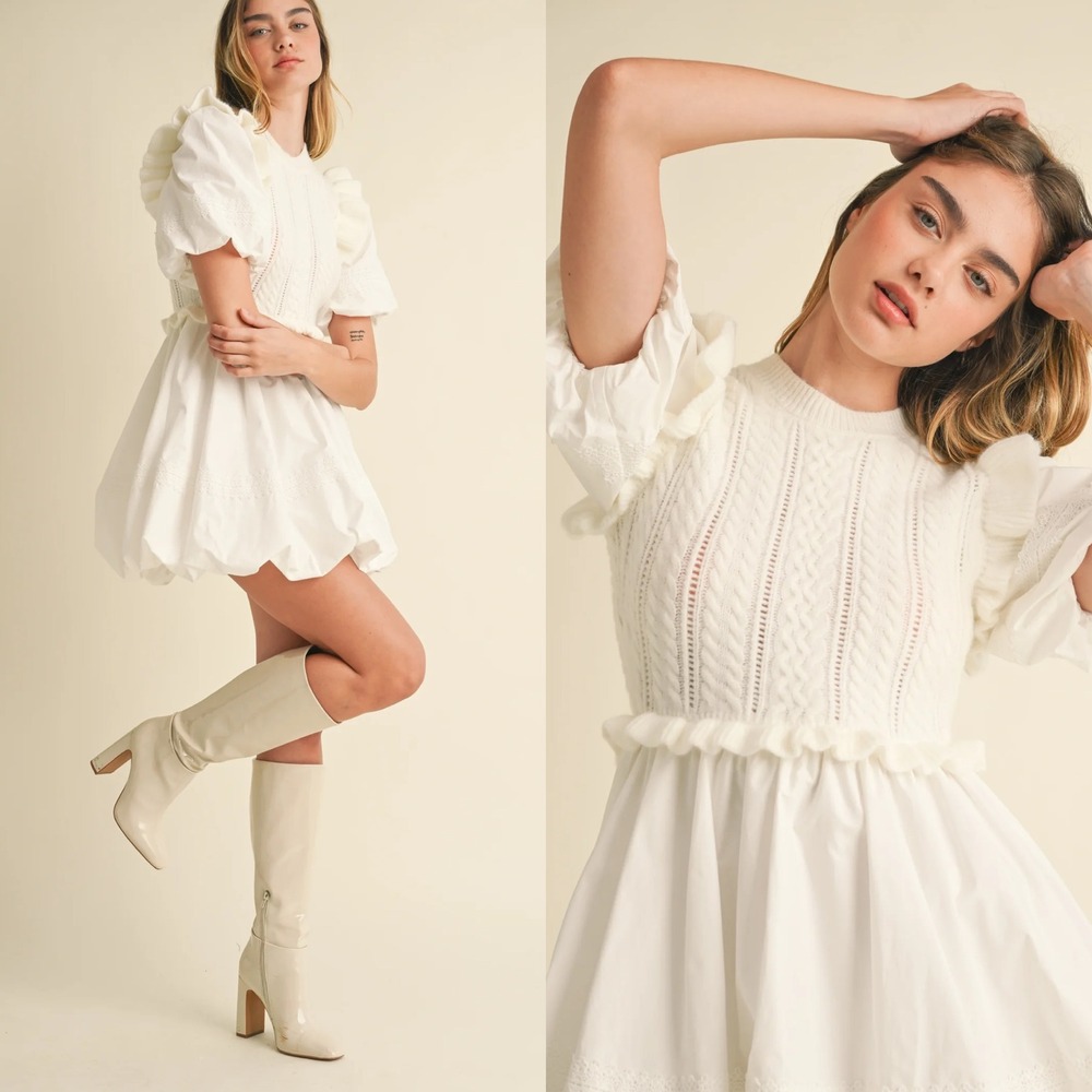 MABLE • NWT Ariana Sweater Bubble Skirt Mini Dress White Cable Knit Sz Medium - Picture 3 of 13